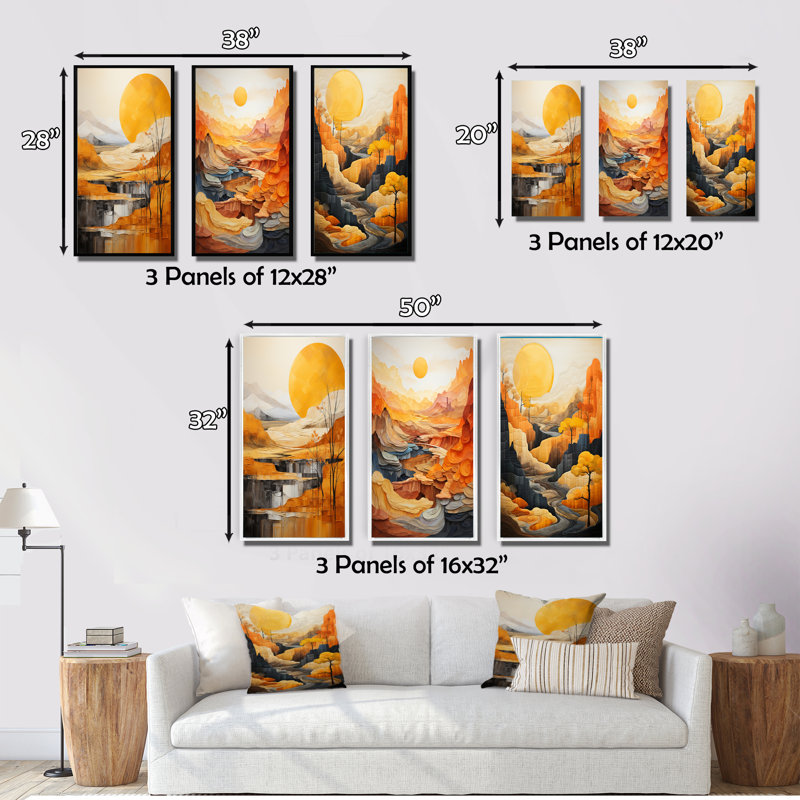 «Bold Landscape Canyon Desert», 3 pièces sur toile, Cadre flottant noir, H 28 po x l 36 po