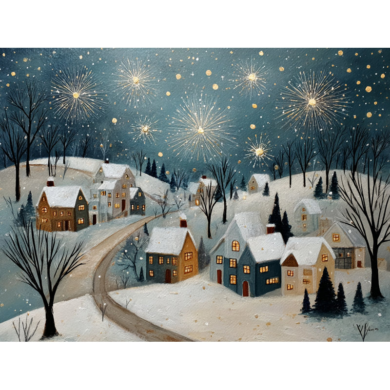 «Winter Fireworks Village», art mural sur toile tendue, 24 po x 36 po
