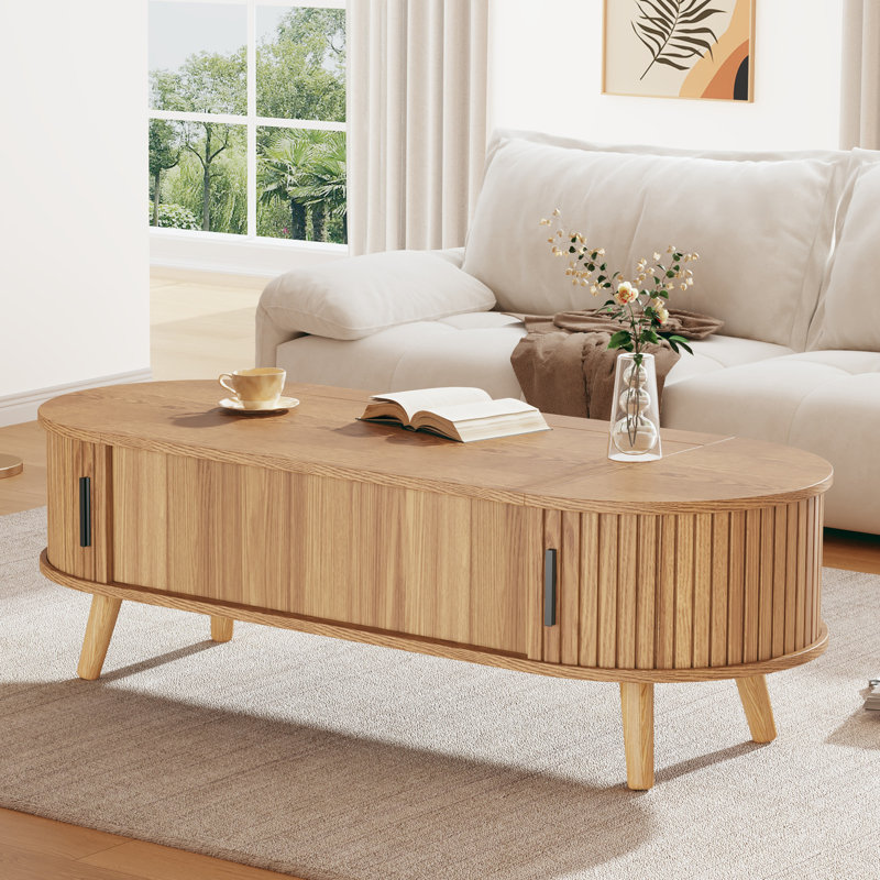 Lift Top Four Leg Coffee Table with Storage, Natural Wood