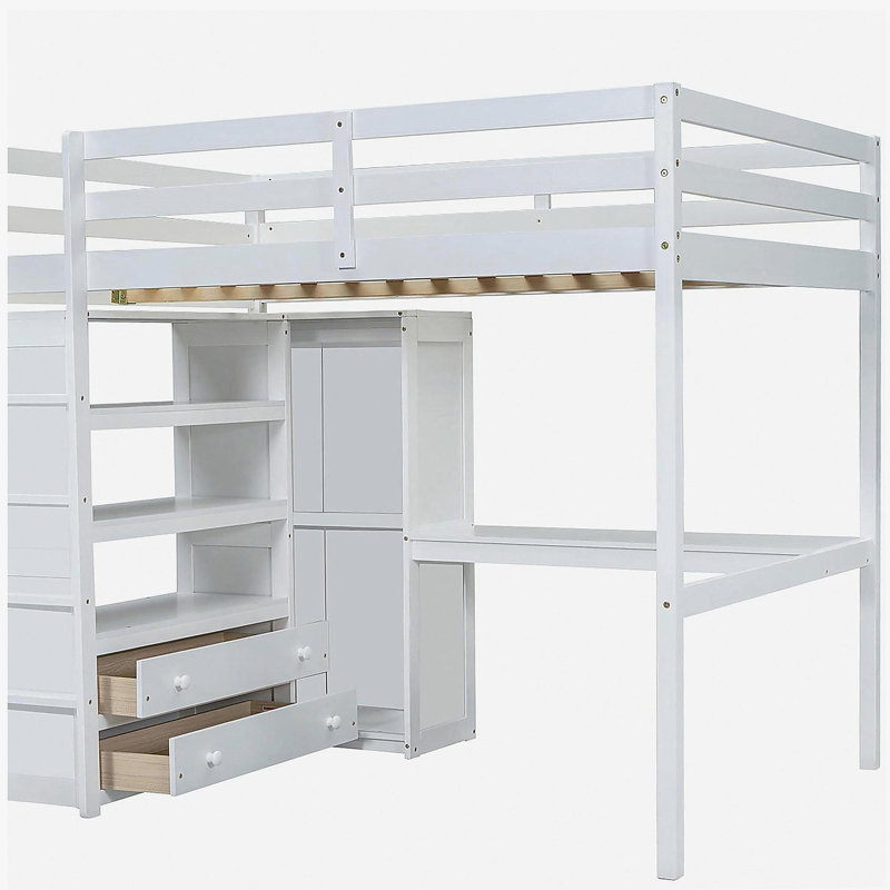 Lit mezzanine double en bois avec placard intégré, bureau, tablettes de rangement et tiroirs, White