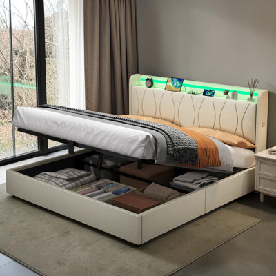 Linen Upholstered Bed Frame with Hydraulic Storage, LED Headboard with Charging Station and Concealed Headboard Storage, USB and Type - C Ports (No Mattress)