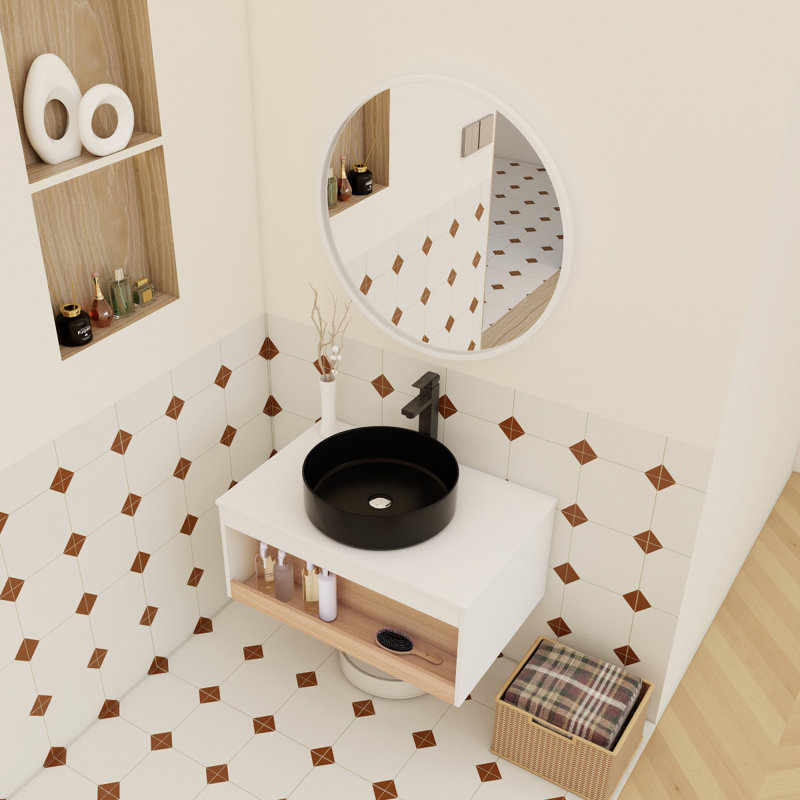 Meuble-lavabo flottant de 30 po avec lavabo vasque rond noir mat, meuble-lavabo mural avec tablette ouverte, finition blanche avec comptoir durable, conception moderne peu encombrante (livré dans 2 boîtes)