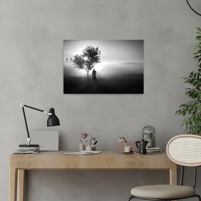 " Misty Morning Cyclist Dreamy Peaceful Serene Nature Sunrise Wall Art Print " by Roswitha Schleicher-Schwarz, 16" H x 24" W