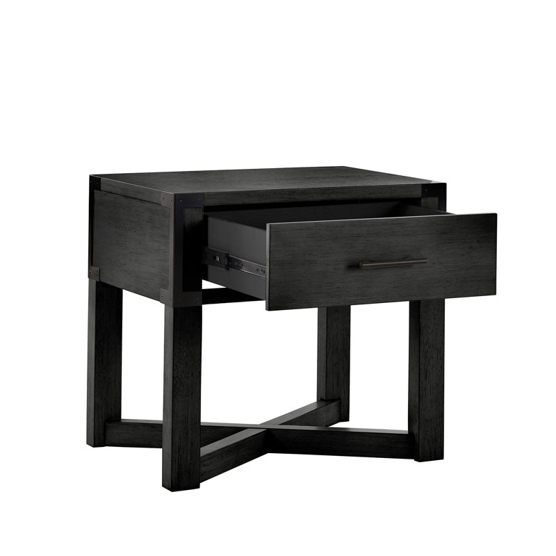 Arcadia Wood Finish X-Base End Table With Drawer Storage, Antique Black