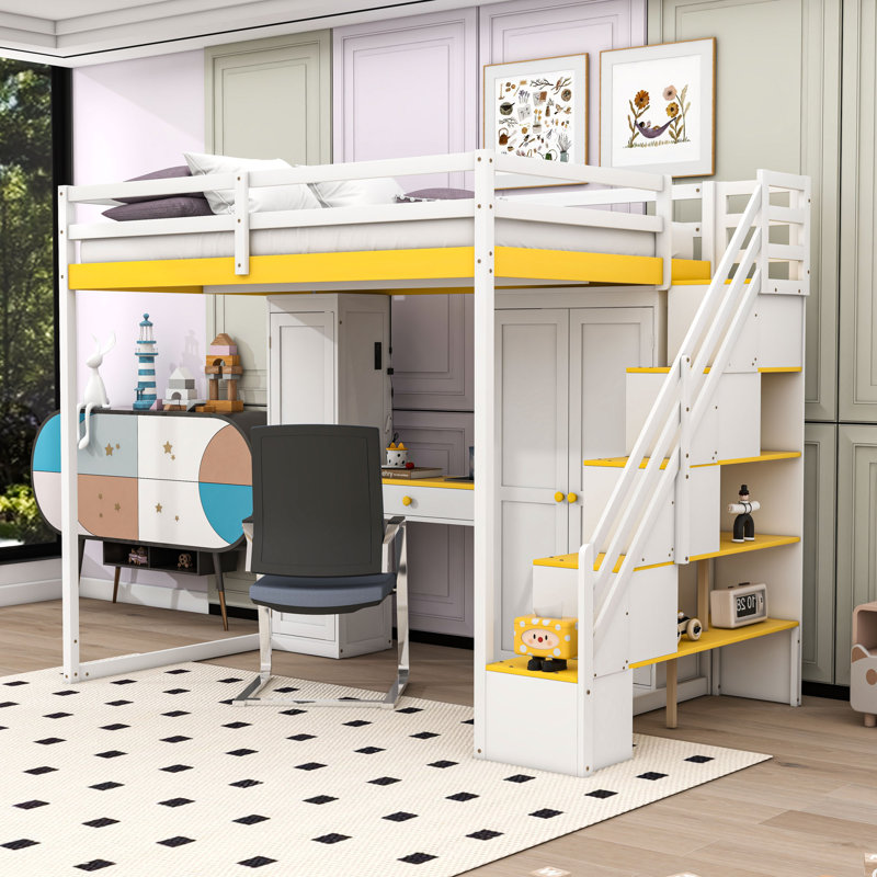 Full Wood Loft Bed With LED Light, Dressing Table, Wardrobe And Charging Ports, White/Yellow