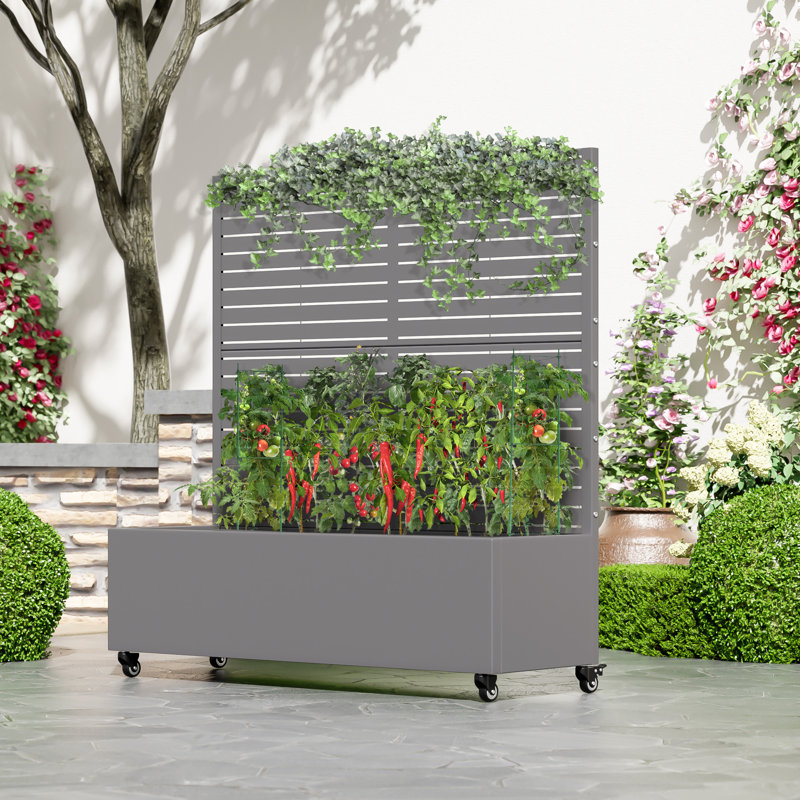 Lit de jardin en métal avec treillis et roues, H 47 po x l 47 po x P 16 po, Gris