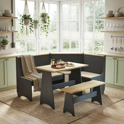 Berna 3-Piece Solid Wood Corner Dining Set – Modern Style, Space-Saving Kitchen Nook Furniture