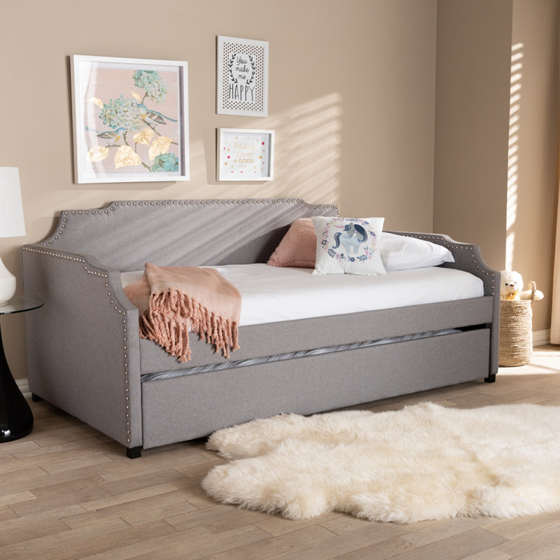 Upholstered Daybed with Trundle Bed, Light Gray