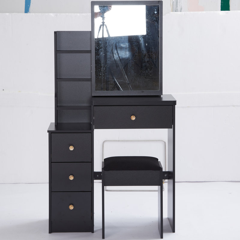 Meuble-lavabo noir American Design avec tabouret rembourré et très grand miroir, Noir