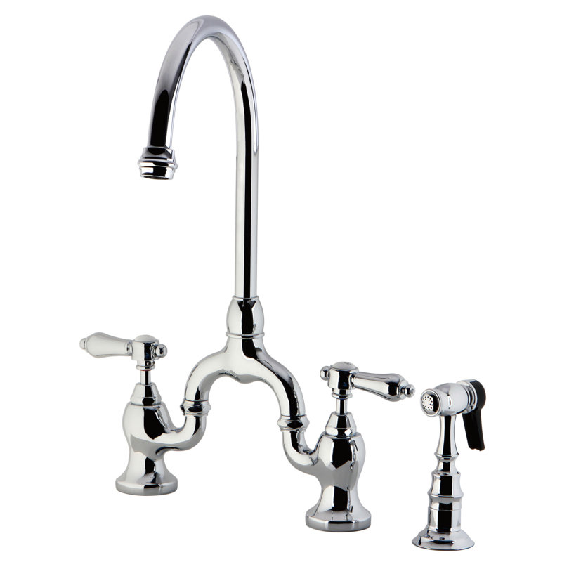 Kingston Brass Heirloom Two-Handle 3-Hole Deck Mount Bridge Kitchen Faucet with Brass Side Sprayer, Polished Chrome