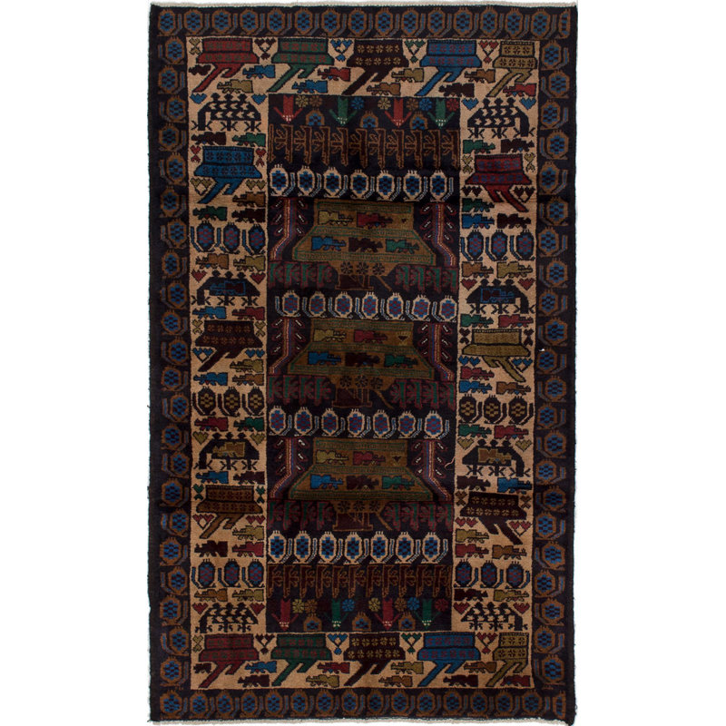 Tapis unique en laine noué à la main style Oushak bleu marine / beige 3 pi 8 po x 6 pi 5 po années 2010 Quintesa