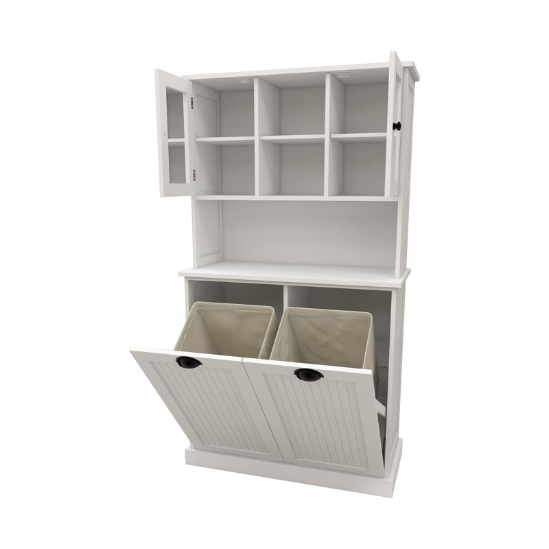 White Tall Bathroom Cabinet with Adjustable Shelves and Tilt-Out Laundry Baskets