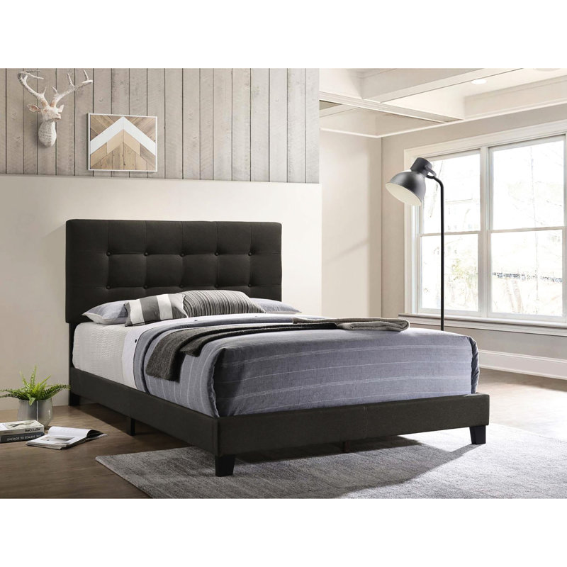 Lit double gris anthracite élégant et élégant avec tête de lit tapissier