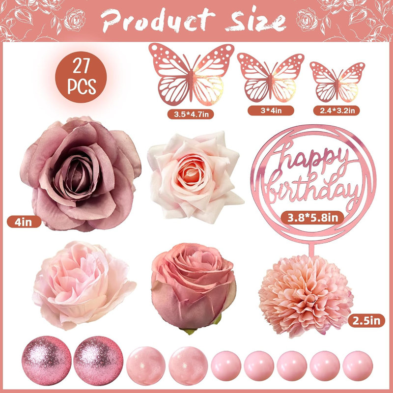 Décorations de gâteaux en forme de fleurs or rose, fleurs artificielles et papillons de fête