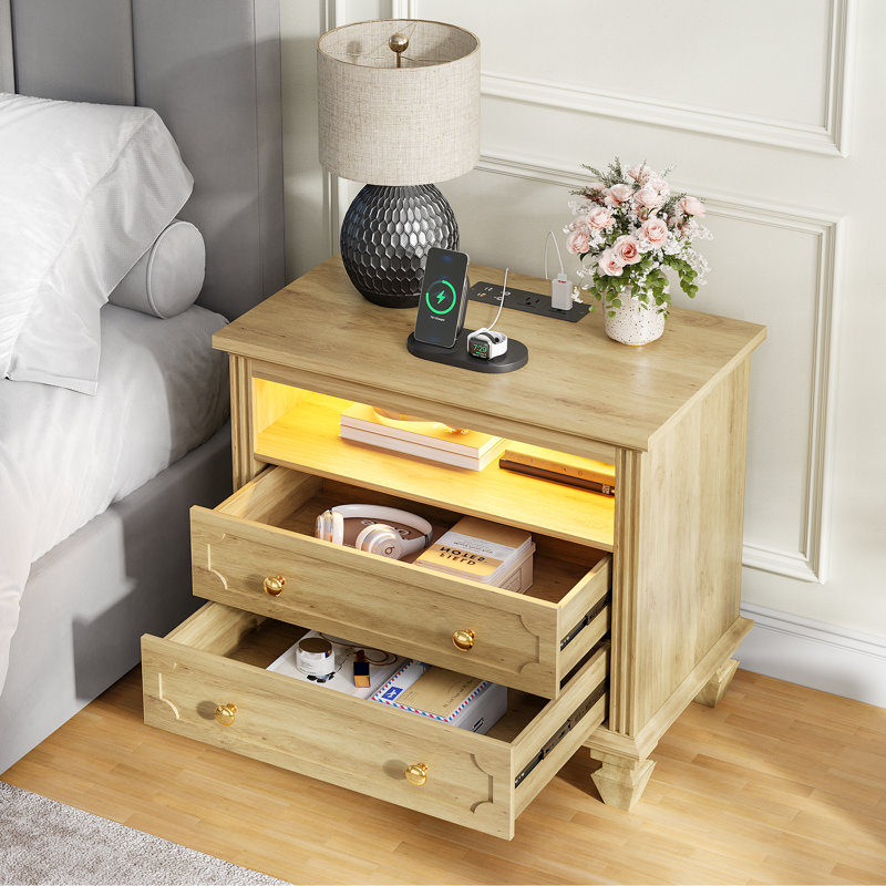 Solid Wood Legs Bedside Table With 2 - Drawer, Charging Station and Motion Sensor Led Light, Oak
