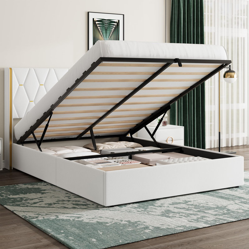 Base de lit avec rangement et tête de lit tapissier à oreilles, Lit double, Blanc