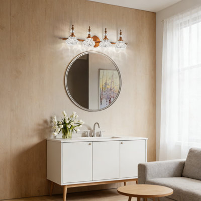 Vintage 4-Light Vanity Fixture With Crystal Glass Lampshades, Antique Brass Finish For Bathroom, Bedroom, And Hallway Lighting