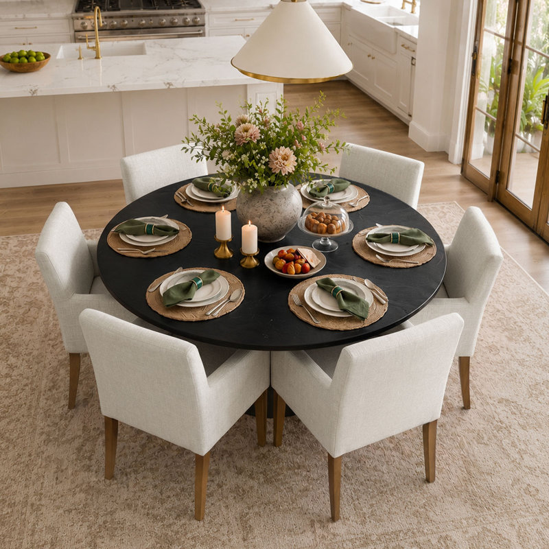 Ensemble de table de salle à manger pour 6 personnes avec table ronde unie et 6 fauteuils rembourrés en lin, Crème