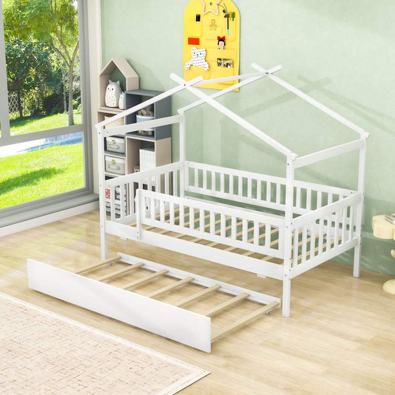 Lit de jour simple en bois avec lit gigogne simple, Blanc