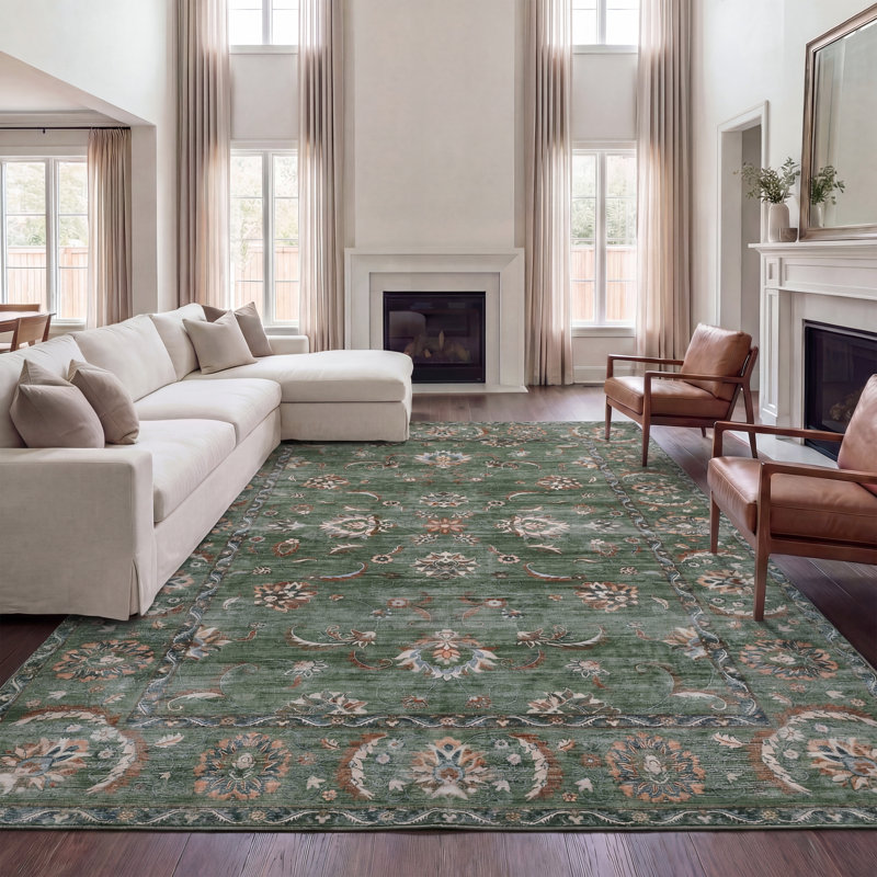 Arabella Vintage Floral Border Machine-Washable Rug, Rectangle 5' x 8', Green/Brown