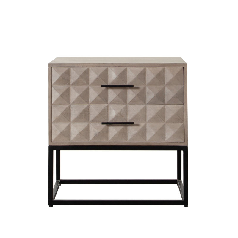 Table de bout Zoe, façades sculptées gris cendré, base en métal noir