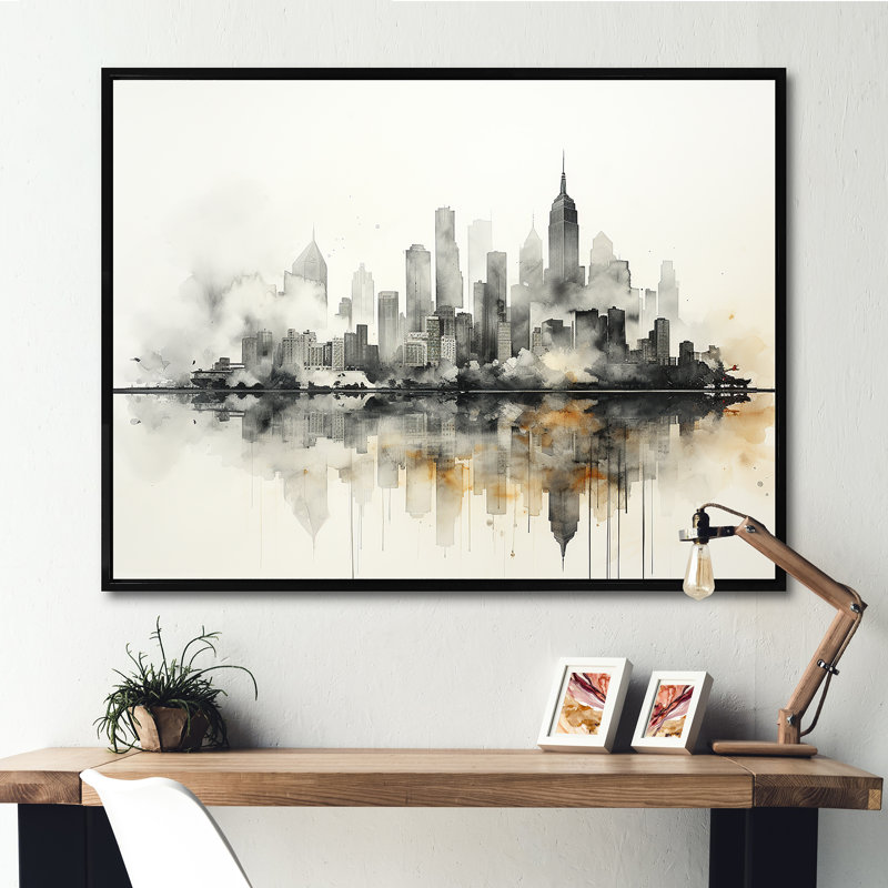 Onyx Outline Sckycraper, impression sur toile, Cadre flottant noir, H 12 po x l 20 po x P 1 po