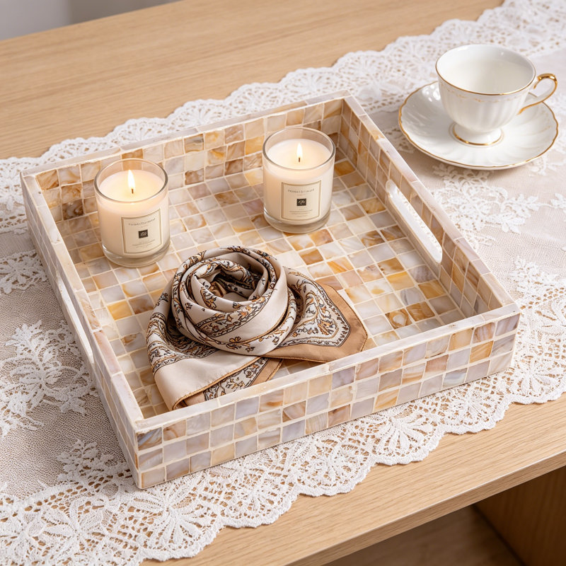 Handmade Mother Of Pearl Catchall Tray - 10 Inch Square Decorative Serving Tray With Handles For Coffee Table, Entryway, And Nightstand
