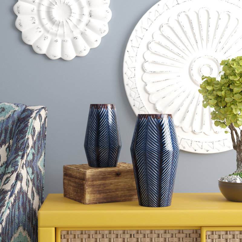 Dark Blue Chevron Ceramic Table Vase Set, 2-Piece