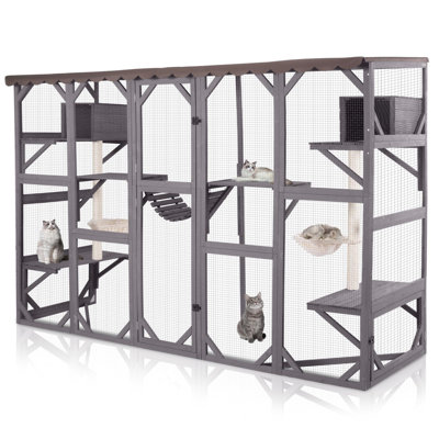 Extra-large Catio, 104" Wall-mounted Outdoor Cat Enclosure - Cat House Window Box Walk-in Cat Kennel Shelter With Weatherproof Roof, 2 Scratching Posts, 2 Hammocks & Bridge For 6-8 Cats