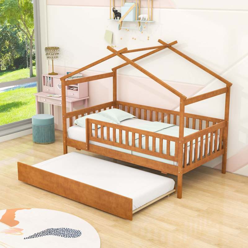 Twin Size Wooden Daybed With Twin Trundle, Walnut