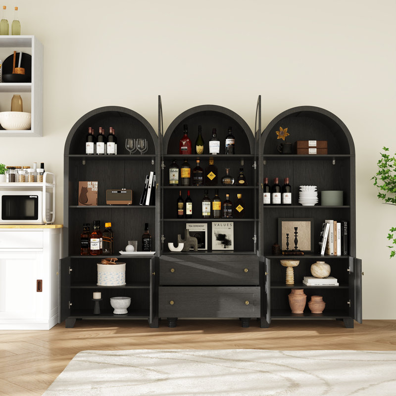 Armoire de rangement pour garde-manger 71 po avec bibliothèques, portes vitrées, tiroirs et tablettes ouvertes (ensemble de 3)