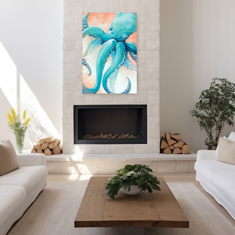 Aigue-marine, pieuvre, pieuvre, art côtier, H 48 po x l 32 po