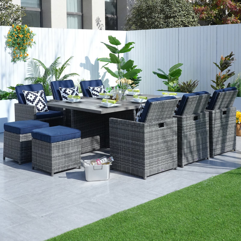 Jarhia 10 - Person Wicker Patio Dining Set with Rectangular Table , Cushions Included, Gray, Blue