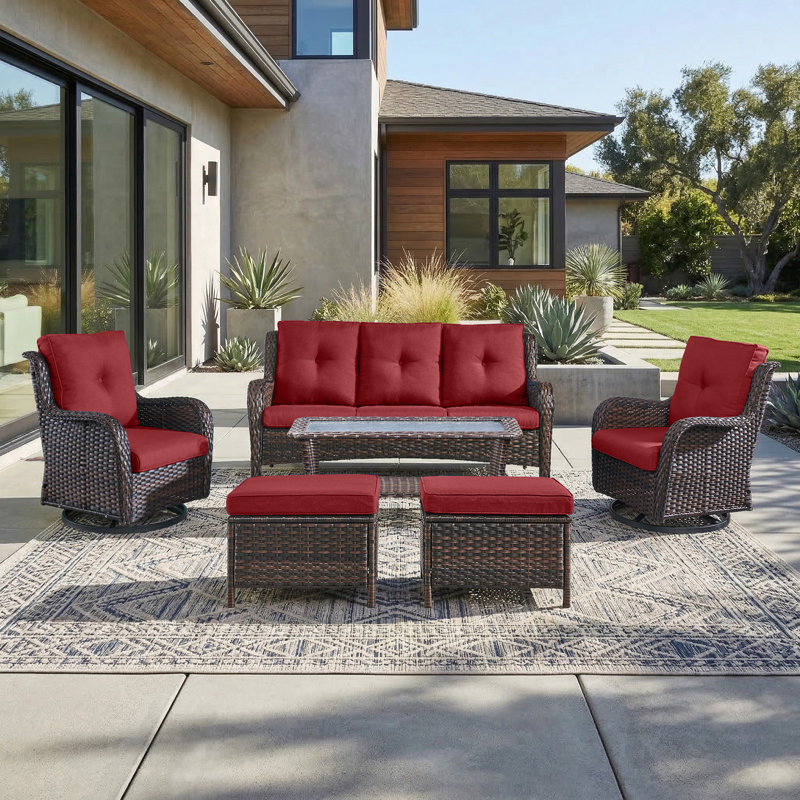 Deeominia 6-Piece All-Weather Wicker Rattan Patio Conversation Set With Swivel Gliders And Ottomans, Red, Brown
