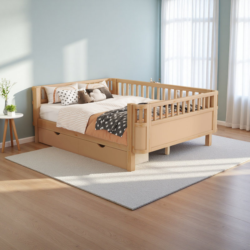 Lit plateforme en bois pour enfants, lit simple en bois à profil bas avec rails pour filles et garçons, Lit double, Naturel