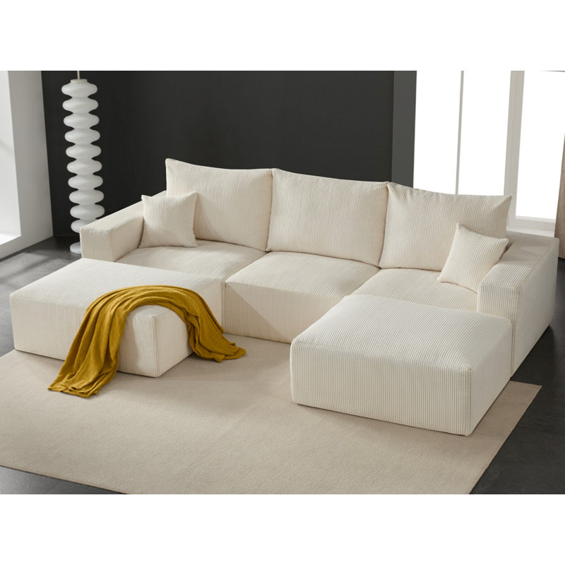Ensemble de canapé modulaire 3 pièces à compression de 3 pièces pour salon en velours côtelé de 113 po, Velours côtelé beige