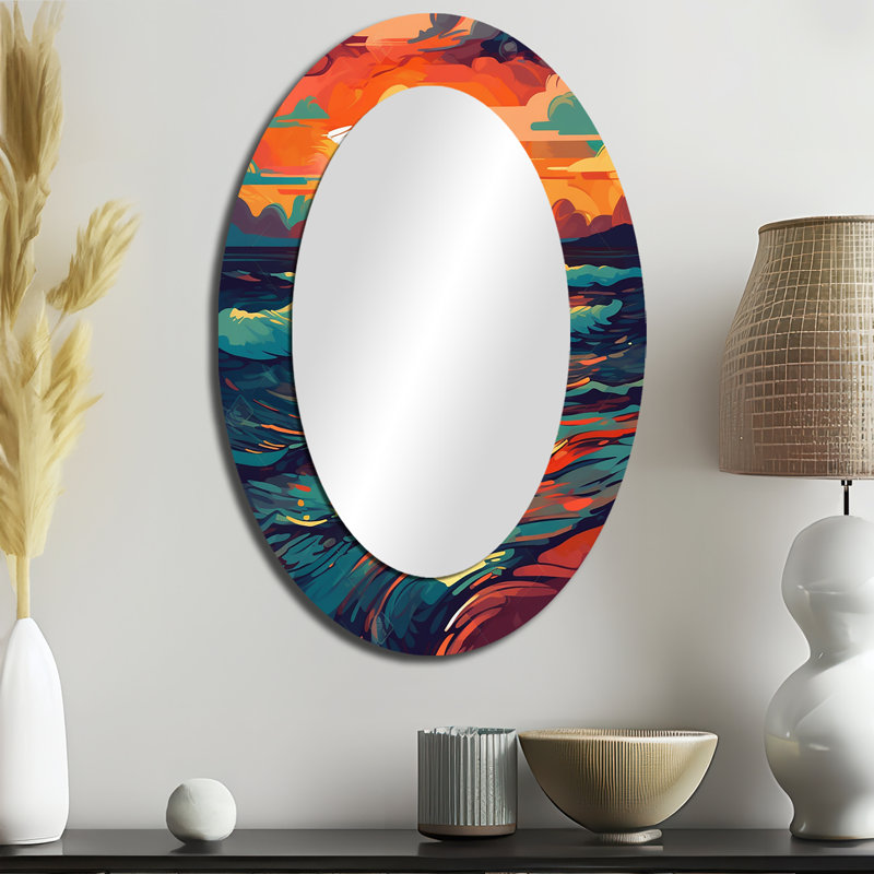 Sunset On The Beach Expressive Retro Colours III - Large Oval Wall Mirror On Metal, 36" x 24"