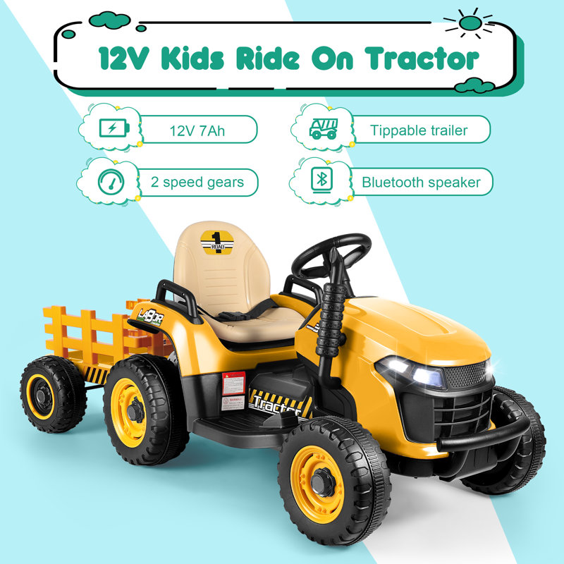 Yellow 12V Ride-On Tractor with Trailer and LED Lights