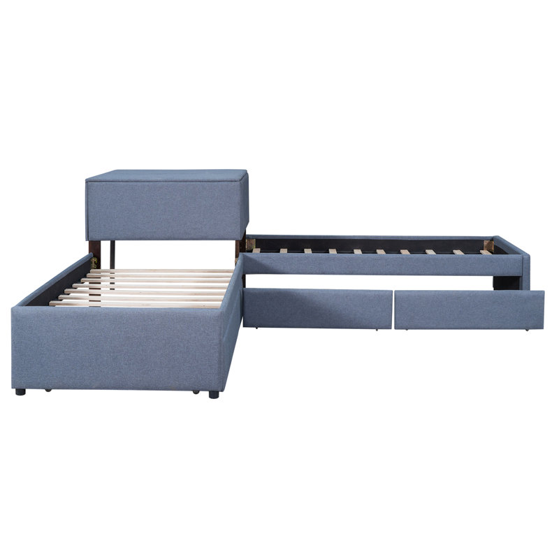 L-Shaped Upholstered Platform Bed With Trundle And Two Drawers Linked With Built-In Desk,Twin