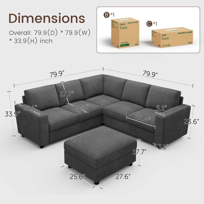 Abramson U-shaped Modular Corduroy Sectional Sofa With Storage Ottoman Dark Gray, 33.9" H x 79.9" W x 79.9" D