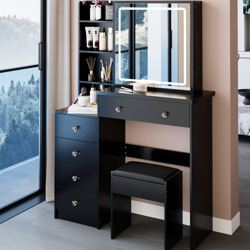 Meuble-lavabo moyen 37 "et tabouret rembourré 37", commode tricolore, miroir à DEL réglable en luminosité, rangement grande capacité, design américain, ensemble option noir