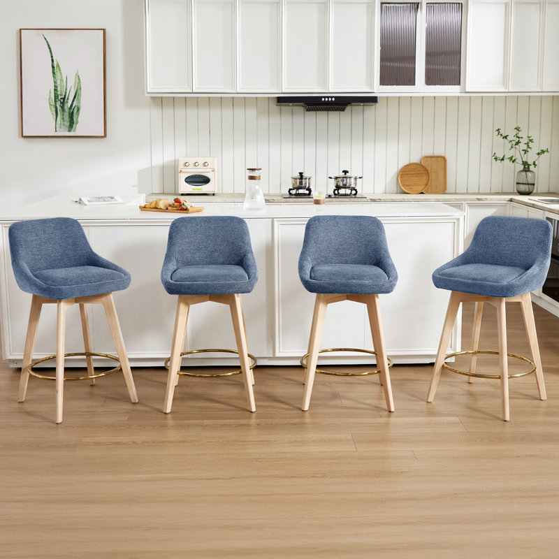 Tabourets de bar pivotants Ashwell de 26,8 po de style moderne du milieu du siècle, recouverts de lin, avec dossier incurvé, pieds en bois massif et repose-pieds en métal (ensemble de 4)