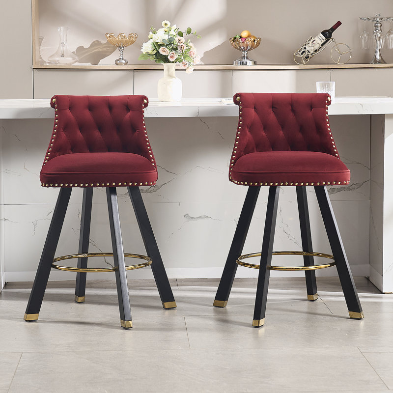 Set of 2,Back pull point design, velvet material, 360 degree rotation, back pull loop detachable design, rivet decoration, square foot wooden bar chair