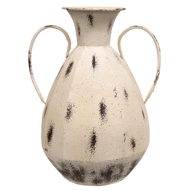 Antique White Distressed Textured Metal Selma Vase - 16.5"H, Ivory/Brown, 16.5" H x 13" W x 13" D