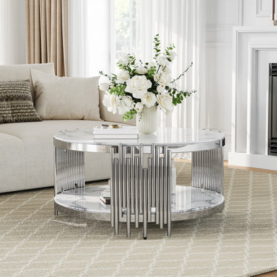 Table basse ronde de 37 po, plateau en verre trempé à 2 niveaux et base à trépied en acier inoxydable pour les salons modernes
