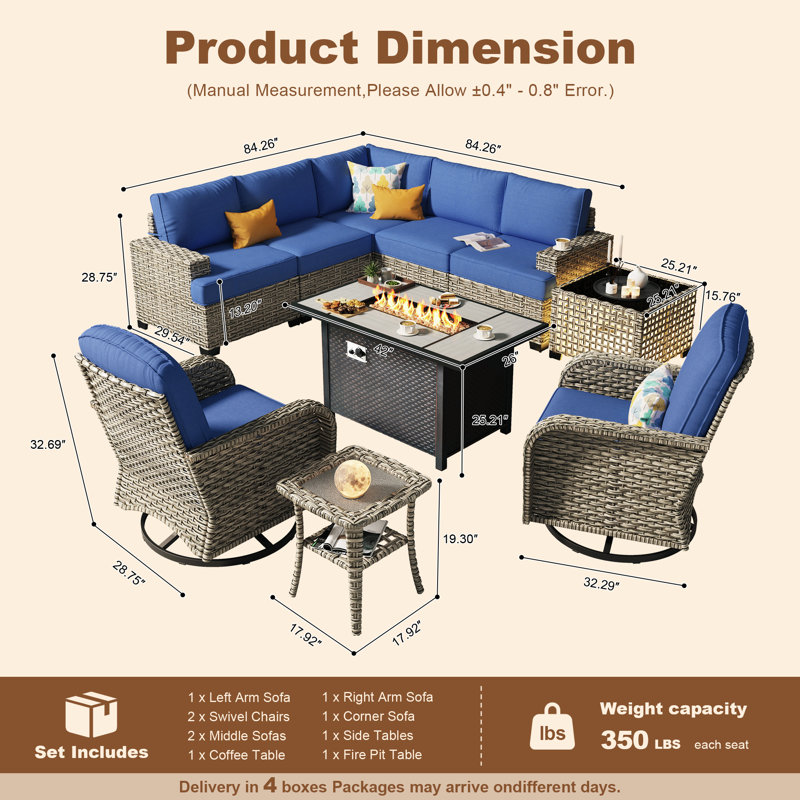 7- Person Outdoor Wicker Patio Conversation Furniture Set With Fire Pit Table, Navy