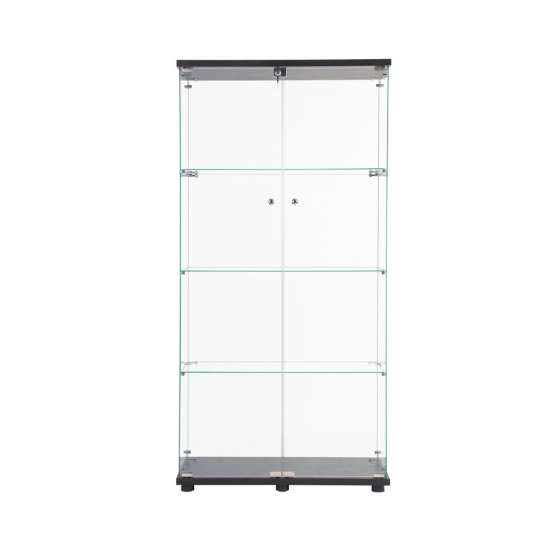 LED Strip Light Two Door Glass Cabinet Glass Display Cabinet With 4 Shelves, Black