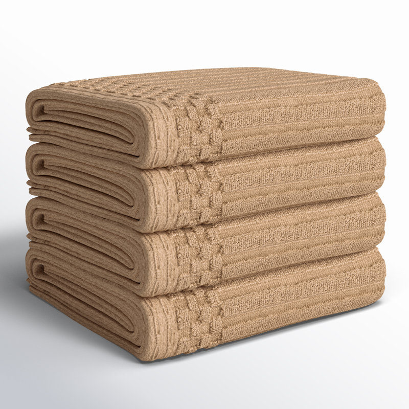 Kleiman Cotton Highly Absorbent Solid and Checkered Border Hand Towel Set, Light Brown