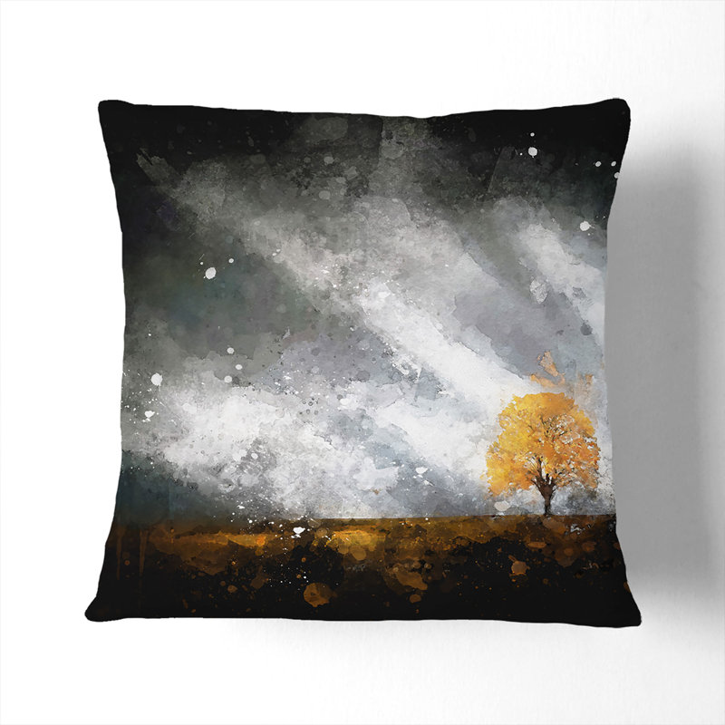 Lone Tree at Dusk Paint Splash Cushion with Filling, White, 55cm H x 55cm W x 20cm D