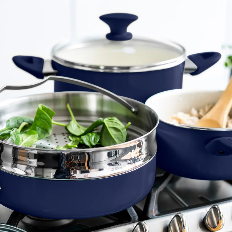 Blue 16-Piece Aluminum Nonstick Cookware Set with Glass Lids